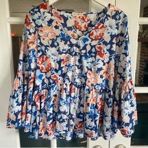 Jane & Delancy Floral Peplum Bell Sleeve Blouse Shirt Small Blue Red White